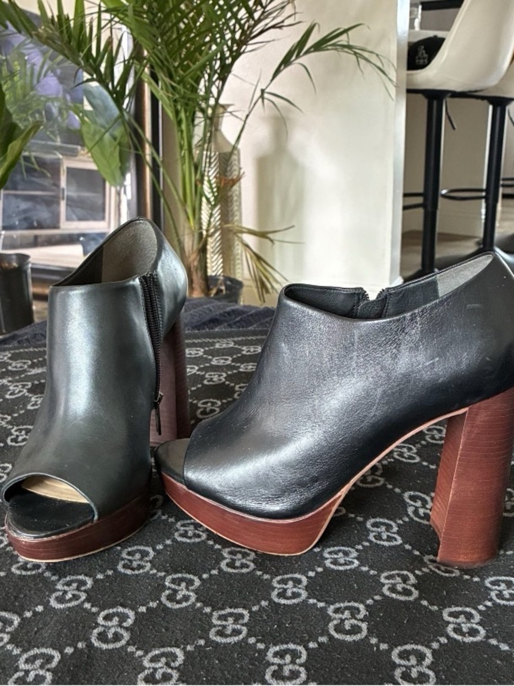 Vince Camuto Black Leather Peep-Toe Booties with Brown Wood-Effect Platform
